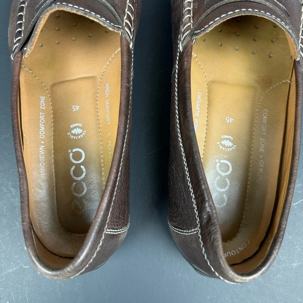 ECCO Mens Brown Leather Penny Loafers Handsewn Driving Shoes Moc 45 US 11-11.5